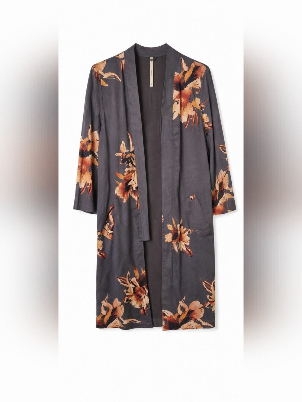 Free People Boho Floral Duster Kimono Cardigan Charcoal Grey Open Front S